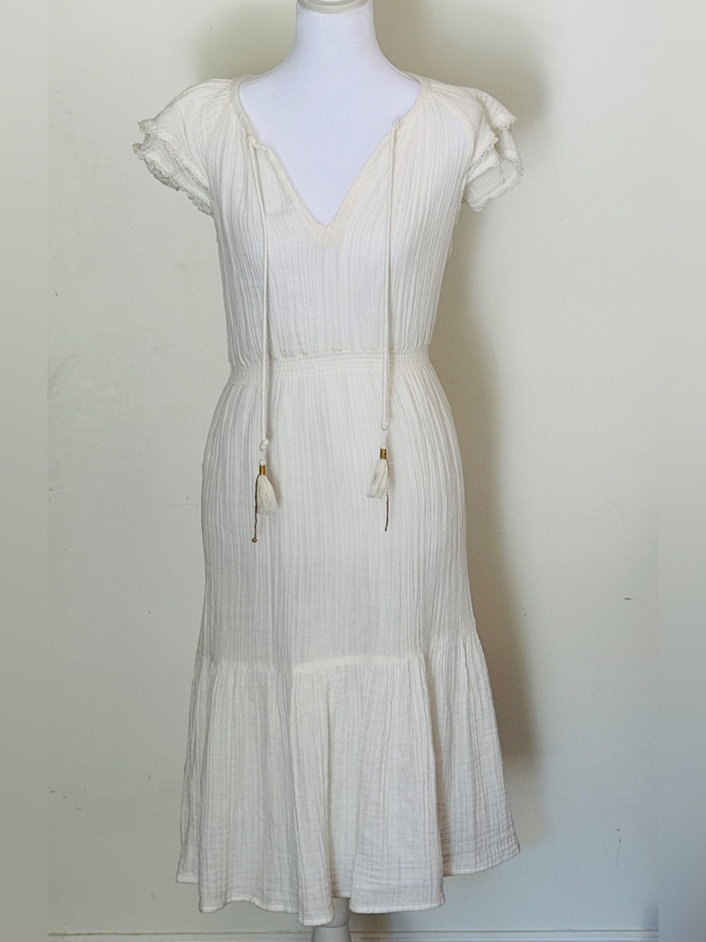 Bell by Alicia Bell White Gauze Dress Ruffle Sleeve Tassel Boho S
